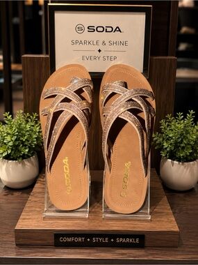 SODA StepUp-S Women's Rose Gold Tab Sparkle Strappy Sandals